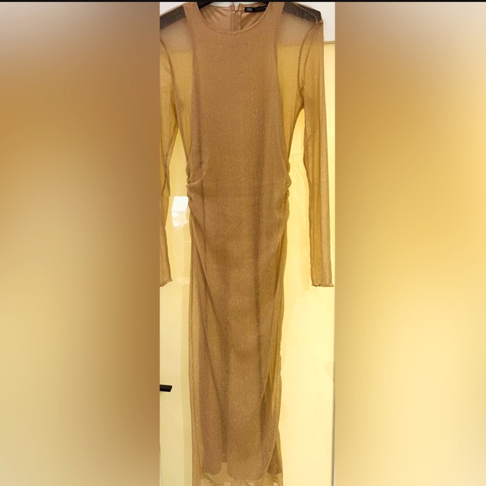 ZARA GOLD MAXI LONG MAXI DRESS WITH SHEER METALLIC OVERLAY Size Small